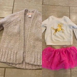 3 Piece Size 12m Baby Girl Outfit Cat & Jack Unicorn W/ Pink & Gold Heart Skirt